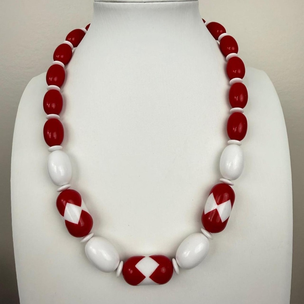 Red White Necklace Harlequin Diamond Bead Chunky Mod Retro Statement Design